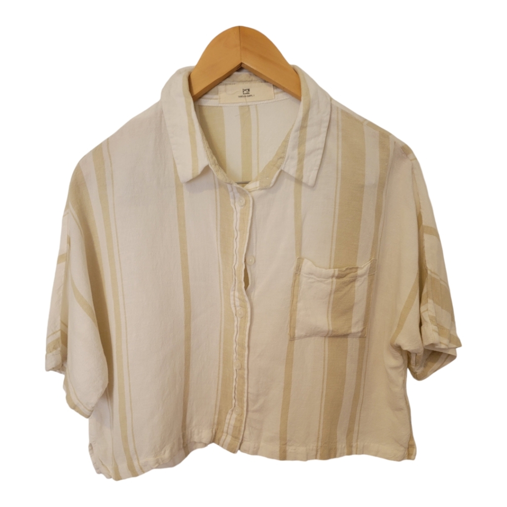 Thread & Supply Womens Large button down shirt striped beige cream cropped top